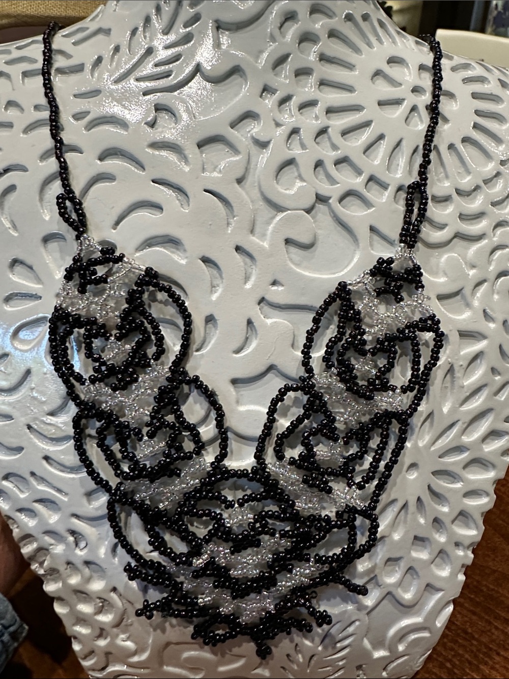 Handcrafted Black and Clear Beaded Statement Necklace - Picture 4 of 7